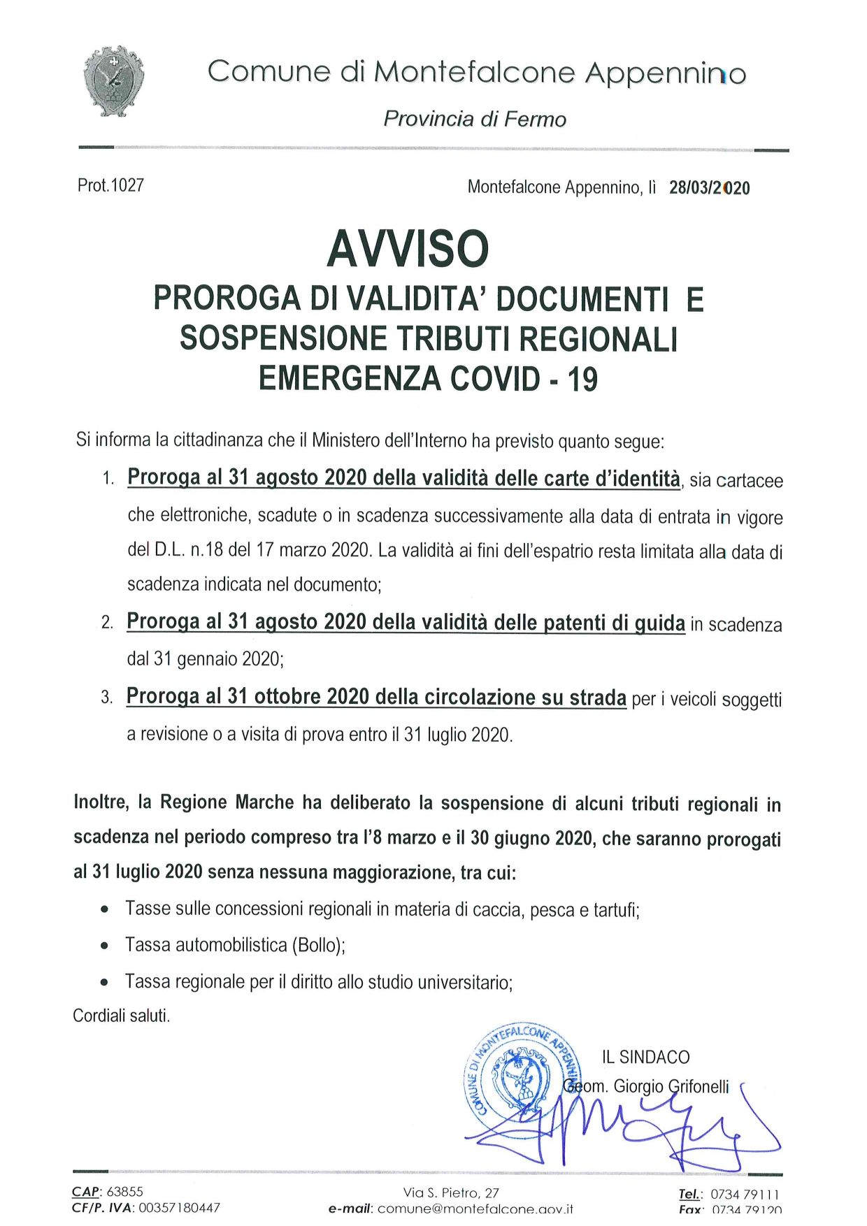AVVISO PROROGA DI VALIDITA' DOCUMENTI E SOSPENSIONE TRIBUTI REGIONALI COVID - 19