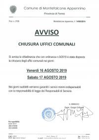 CHIUSURA UFFICI COMUNALI 16-17 AGOSTO 2019