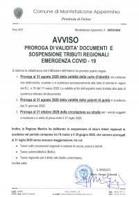 AVVISO PROROGA DI VALIDITA' DOCUMENTI E SOSPENSIONE TRIBUTI REGIONALI COVID - 19